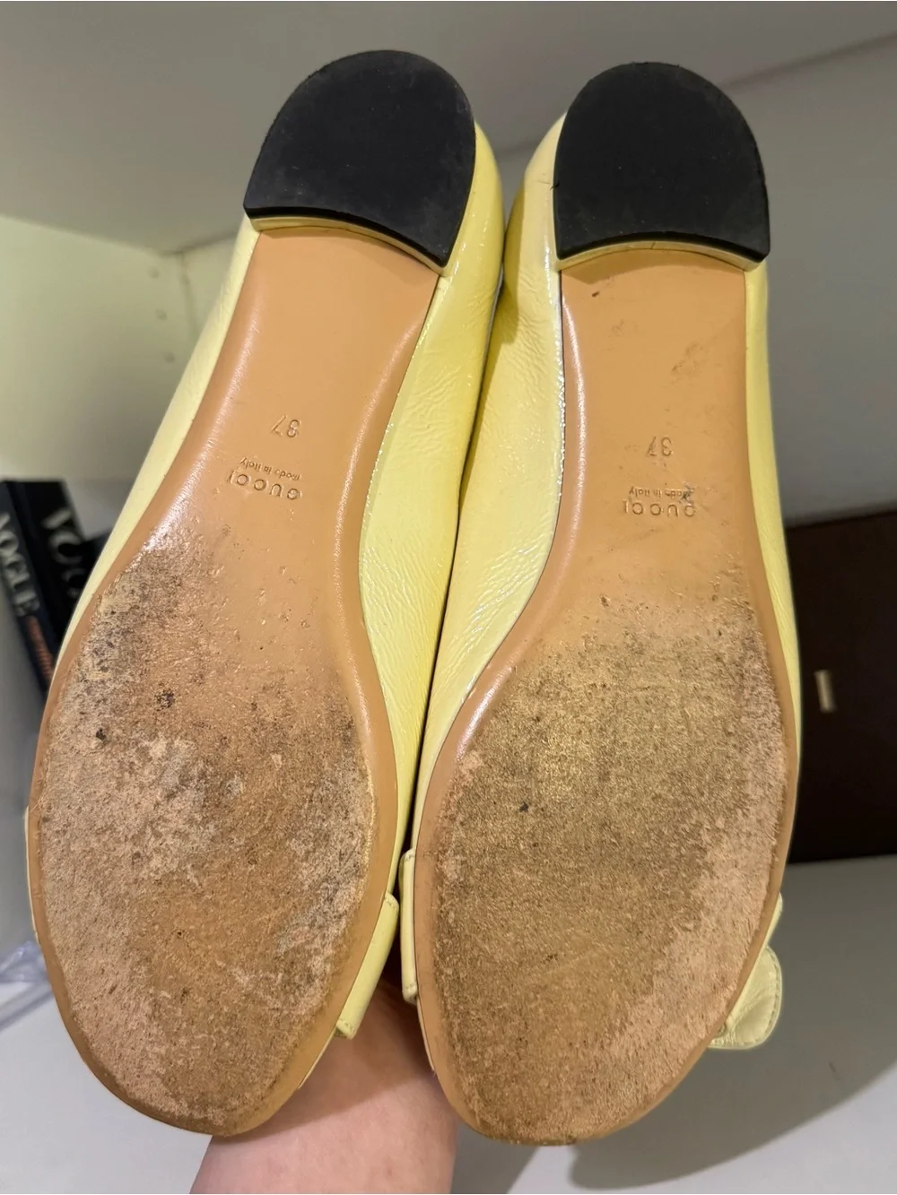 Gucci Pale Yellow Leather Peep-Toe Flats with Silver-Tone Buckle